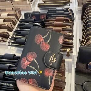 NWT Coach Medium Corner Zip Wallet With Cherry Print Gold/Black Multi CDF10